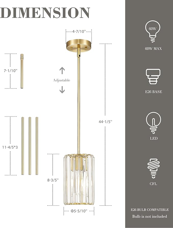 Crystal Pendant Lights, Hanging Light Fixture with Polished Gold Finish, Modern Mini Chandelier, Pendant Lights Kitchen Island Dining Room Bedroom, PL5510-1P-PG