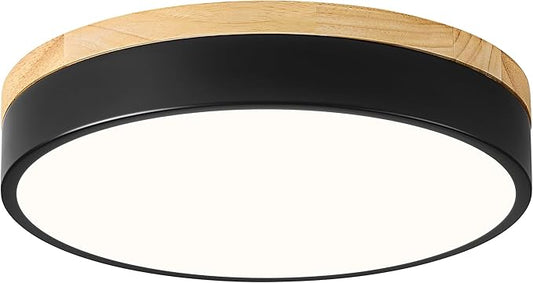 Dimmable Wood LED Ceiling Light, 5CCT 2700K-6000K Modern Black Flush Mount Ceiling Light, Minimalist Round Close to Ceiling Light Fixture for Bedroom, Kitchen, Laundry Room, Hallway, 11.81in