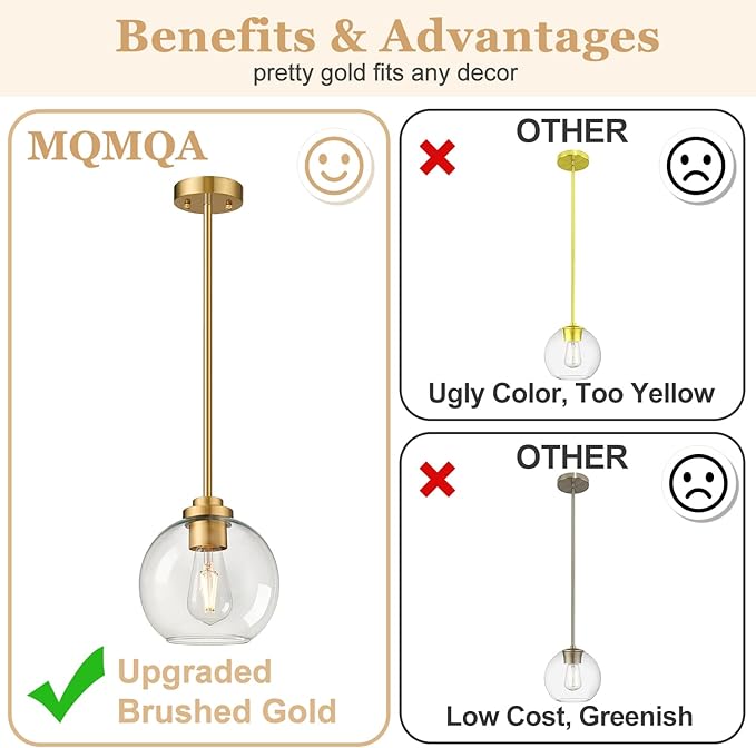 2 Pack 7.2-Inch Globe Pendant Lights, Mid Century Gold Pendant Light Fixtures, Globe Pendant Lights Kitchen Island with Clear Glass Shade Adjustable Hanging Fixture for Dining Room Bulbs not Included