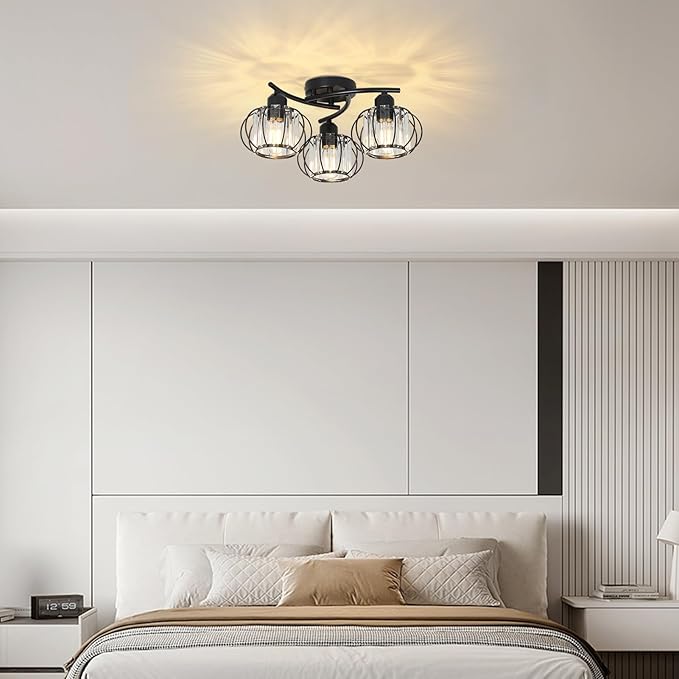 3-Light Crystal Semi Flush Mount Ceiling Light,Black Modern Close to Ceiling Light Fixtures,Kitchen Light Fixtures with Clear Crystal Shade,Hallway Light Fixtures for Hallway Bedroom Bathroom