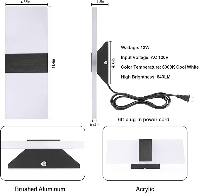 TRLIFE Wall Sconce Plug in, Modern Wall Sconces 12W LED Wall Sconce 6000K Cool White Acrylic Wall Mounted Light Wall Lights with 6FT Plug in Cord and On/Off Switch on The Cord(2 Pack, Black)
