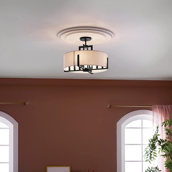 Kichler Malen 20" 8-Light Convertible Semi-Flush with White Fabric Shade in Black, 52592BK