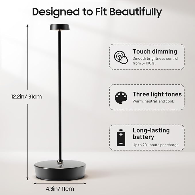 Cordless LED Table Lamp，Rechargeable Battery Desk Lamps, 3 Color Stepless Dimmable Metal Battery Table Lamps, Portable Table Light for Indoor/Outdoor/Restaurants/Bedroom/Bar