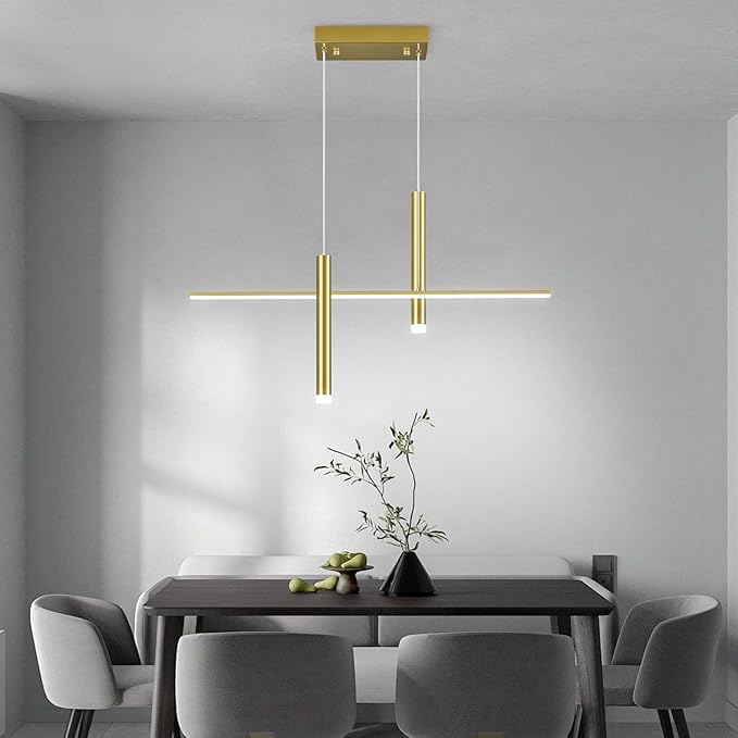 Modern LED Linear Pendant Light with Dual Spotlights Dimmable 6000K Pendant Lights Kitchen Island Gold Chandeliers for Dining Room Table Living Room Bedroom Gold(L31.5in)