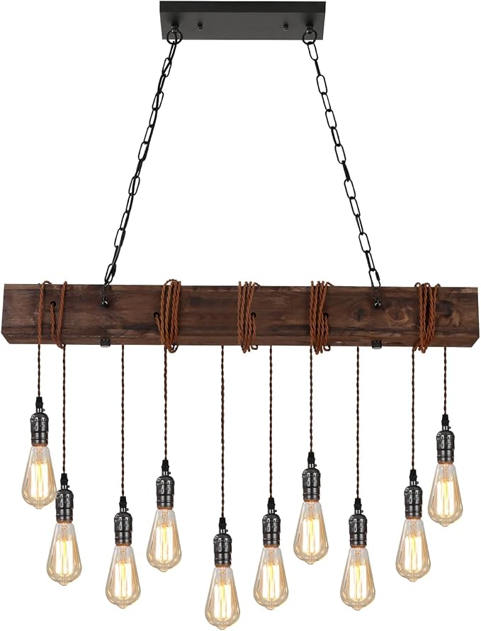 KEESFU 10-Lights Rustic Chandeliers for Dining Room, Farmhouse Wooden Ceiling Pendant Light, Height Adjustable, Rectangle Chandelier for Kitchen Island Dining Room Bar Pool Table Cabin.