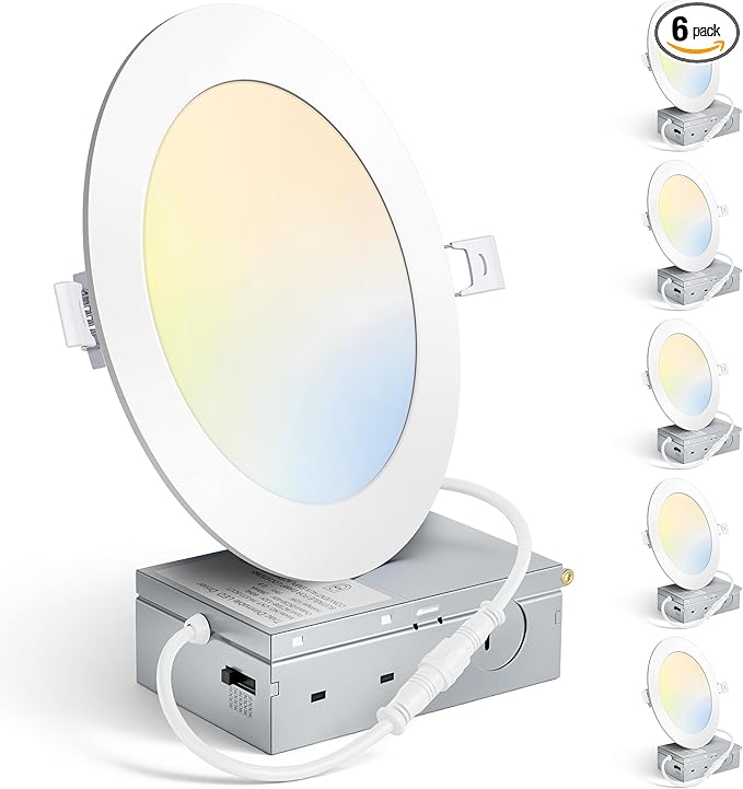 MAXvolador 6 Pack 6 Inch LED Recessed Ceiling Light with Junction Box 1200LM High Brightness, 2700K-6000K 5CCT Dimmable, 12W Ultra-Thin Canless Wafer Downlight