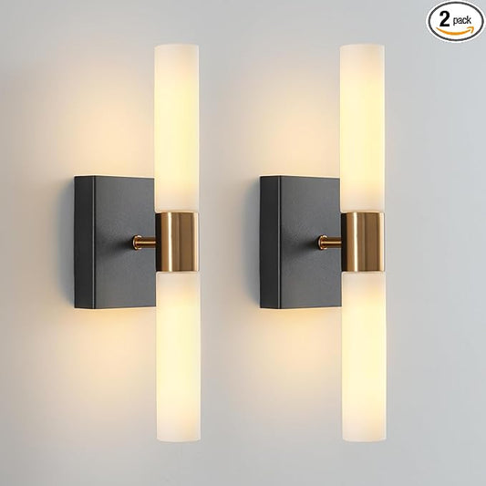 KUZZULL Wall Sconces Set of Two Black and Brass Wall Lights with White Frosted Glass Shade Modern Wall Lamp for Bathroom Living Room Indoor Vanity Up and Down Sconces Wall Lighting for Hallway
