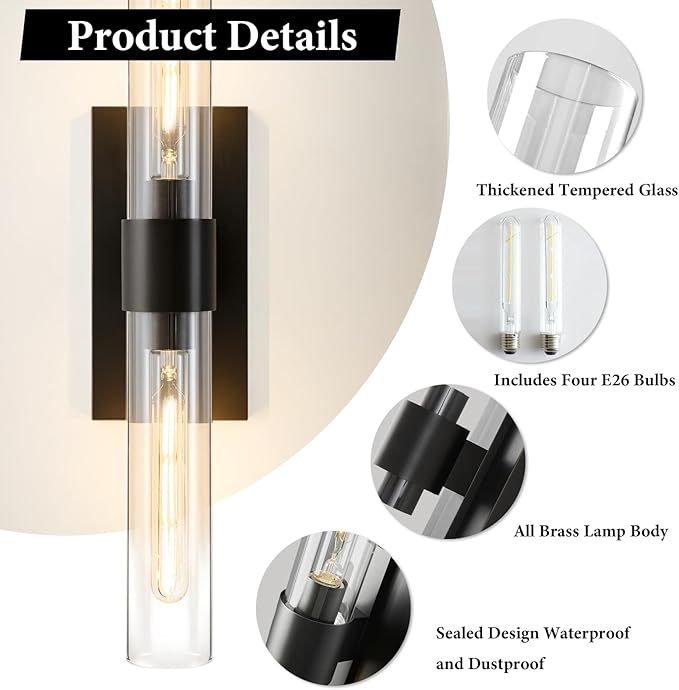 Black Brass Bathroom Wall Sconce - Set of 2 Modern Linear Light Sconces - Clear Glass Tube Vanity Lights - Vertical or Horizontal Mounted Dimmable Lighting Fixtures for Indoor Living Room Hallway