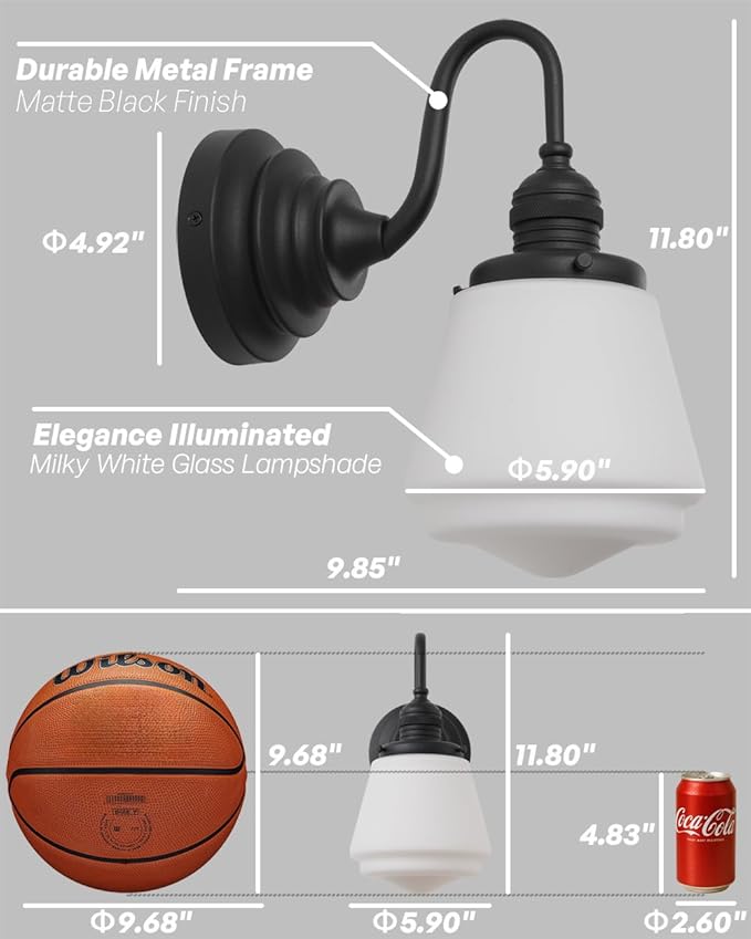 Black Wall Sconce Vintage Farmhouse Bathroom Vanity Light with Frosted Milk White Class Hardwire Sconce Indoor Wall Lamp Light Fixture for Bathroom Mirror Living Room Bedroom Kitchen