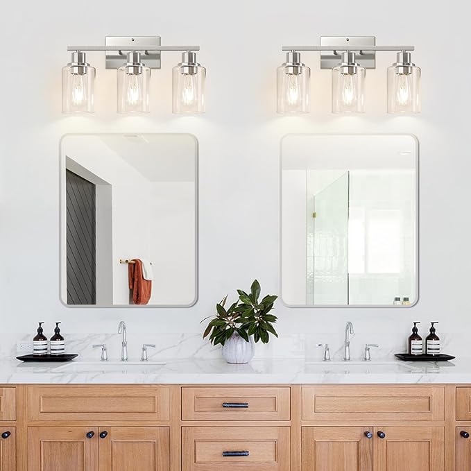 Indoi 3-Light Bathroom Light Fixtures, Brushed Nickel Vanity Lights with Clear Glass Shades, Modern Bathroom Wall Lamp for Mirror Living Room Cabinet Bedroom Porch