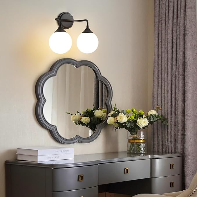 Black Bathroom Light Fixtures, Modern Vanity Lighting Over Mirror, Mid Century Modern Matte Black Wall Sconce 2-Light with Milky White Glass Ball Shades
