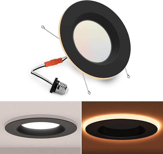 POWERASIA 1 Pack Black 5/6 Inch LED Can Lights with Night Light, 5CCT Retrofit Recessed Lighting Selectable 2700K-6000K Dimmable, 12W=75W, 1200LM Downlight with Metal Smooth Trim-ETL and Energy Star