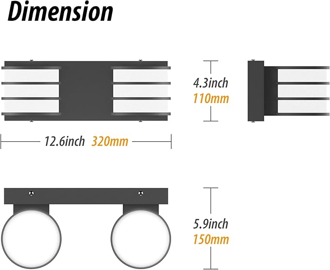 LED Bathroom Vanity Light - 12.6 Inch Black 2-Light Fixture with White Acrylic Shades, 6000K Cool White, Mirror Lighting for Bathroom, Bedroom, Hallway, Living Room Wall Sconce