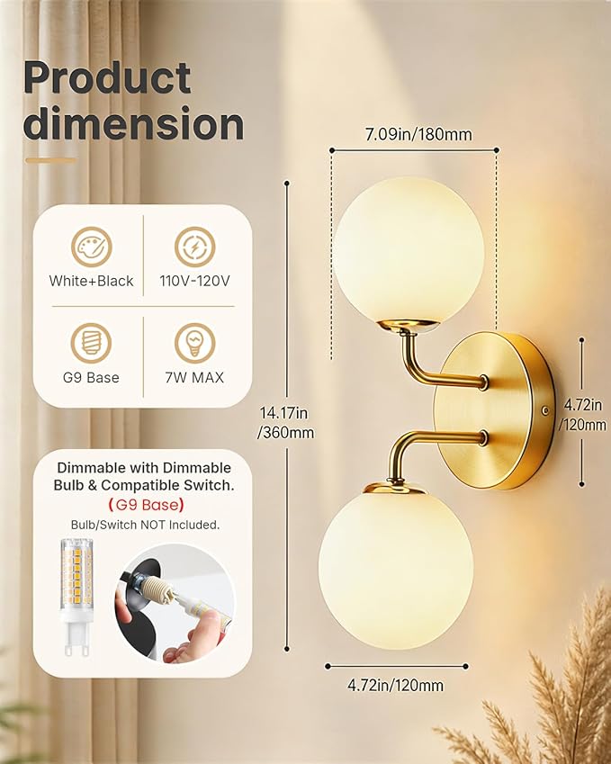 Yunnix Gold Bathroom Vanity Light, 2-Light Modern Globe Vanity Lighting Fixtures with Milk White Glass Shade, Mid Century Vanity Lights Wall Sconce Over Mirror for Hallway Entryway Set of 2