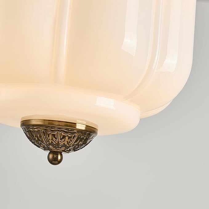 Milk Glass Ceiling Light Fixture, 9.8" Vintage Semi Flush Mount Pendant Light with Antique Brass Finish, Schoolhouse Light Fixture - Antique Chandelier for Kitchen, Hallway, Dining Room