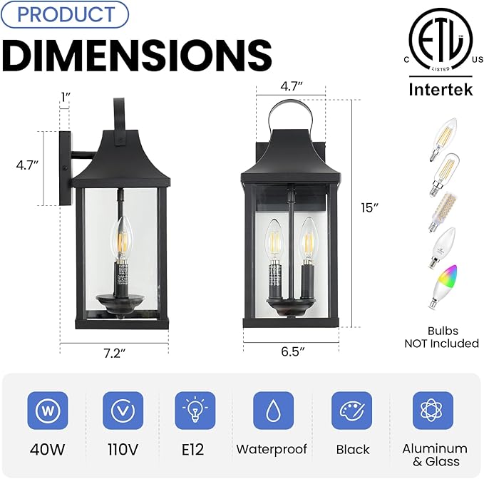 Outdoor Wall Sconces Set of 2, 15‘’ Black Outside Wall Mounted Light Fixture, Exterior Farmhouse Wall Sconce Lantern 2-Light, Modern Porch Lighting Exterior Lamp for House, 2 Pack
