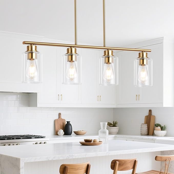 mavcadonf Kitchen Island Light, 4-Light Pendant Lighting, Farmhouse Industrial Dining Room Light Fixtures for Kitchen Island Dining Living Room, Brushed Gold with Clear Glass Shade