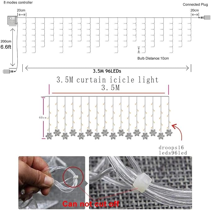 Lainin 12ft/3.5M USB Powered 8 Modes Snowflake Curtain Night Light Icicle Fairy String Light, Perfect for Christmas Wedding Holiday Garden Indoor/Outdoor Party Decoration - Multi Color
