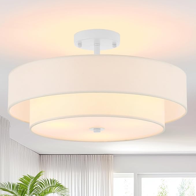 Modern Semi Flush Mount Ceiling Light, 18" Modern White 3-Lights Drum Ceiling Lighting Fixture, Vintage Linen White Ceiling Lamp for Laundry Room, Kitchen, Basement, Dining Room, Bedroom