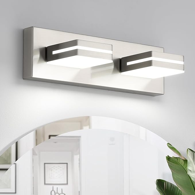 OKELI 2 Light Bathroom Vanity Light Brushed Nickel Modern 16W LED Dimmable Vanity Light Over Mirror 350° Adjustable Lamp Head Cold White 6000K ETL Listed 15.5Inch