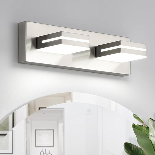 OKELI 2 Light Bathroom Vanity Light Brushed Nickel Modern 16W LED Dimmable Vanity Light Over Mirror 350° Adjustable Lamp Head Cold White 6000K ETL Listed 15.5Inch