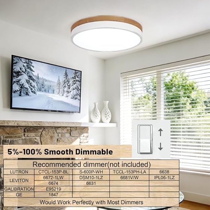 15.8 inch Dimmable Wood LED Flush Mount Ceiling Light Fixture,36W 3600LM,3000K/3500K/4000K/5000K/6000K CCT Selectable,Close to Ceiling Round Flat Panel Light for Bedroom,Hallway,Kitchen
