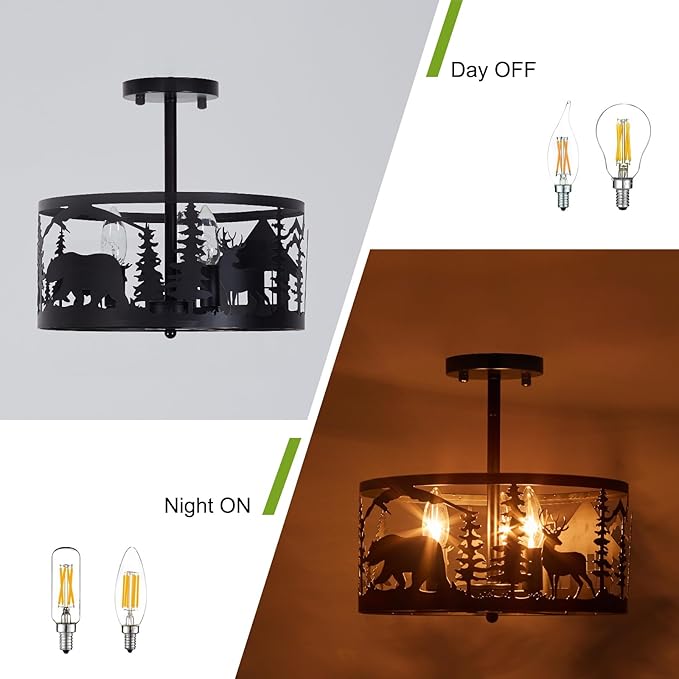 Rustic Semi-Flush Mount Ceiling Light Fixture,3-Light E12 Base Black Round Farmhouse Metal Light Fixtures for Kitchen, Hallway, Living Room, Industrial Style with Deer, Bear, Tree Design -Frame