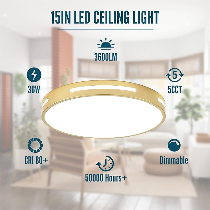 Gold LED Ceiling Light Fixture Flush Mount 15 inch 36W Set of 2, Dimmable Kitchen Lighting Fixtures LED, Modern Light Fixtures Ceiling Mount for Bedroom, Bathroom, Living Room