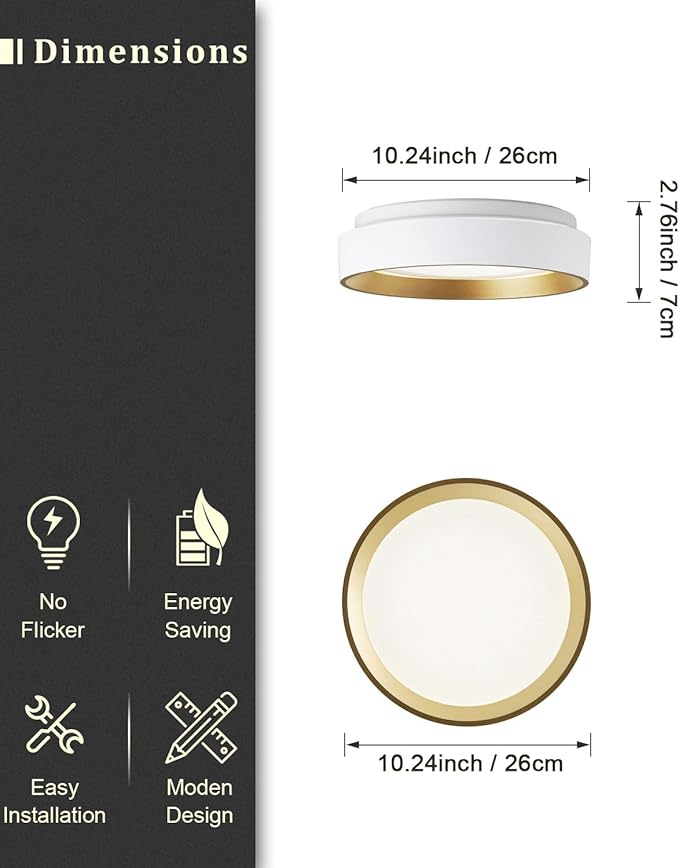 ANYLOVE 10 Inch Modern Flush Mount Ceiling Lights,White Gold Plastic Round Ceiling Light,Dimmable 3000K,3500K,4000K,5000K,6000K,for Living Room,Dining Room,Bedroom,Kitchen (White and Gold, 10 Inch)
