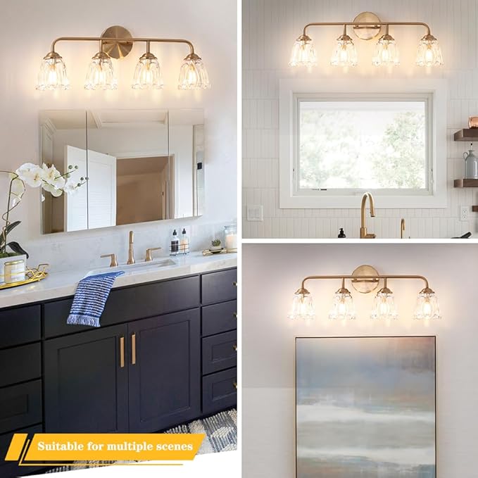Daunton Vintage Bathroom Vanity Light, Brown Bronze Vanity Lighting, 4-Light Bathroom Lighting Fixtures Over Mirror, Elegant Flower Glass Light with Clear Shade, Gold Wall Sconce Lighting for Bedroom