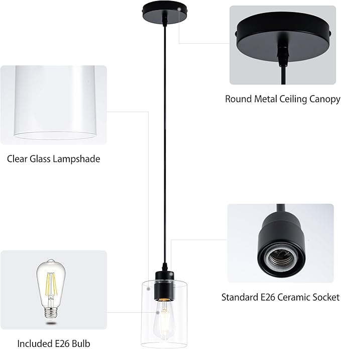 MAYNA 2 Pack Black Pendant Lights Kitchen Island, Mini Pendant Light Fixture with Clear Glass Shade, Adjustable Cord Industrial Farmhouse Hanging Ceiling Lamp for Dining Room, Sink, Bar(Bulb Included)