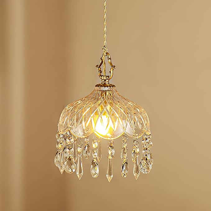 Vintage Crystal Small Pendant Lights Kitchen Island, Adjustable Cord Length 0.5" to 70", Dia7.87 Glass Shade Light Fixture,Brass Hanging Light, Chandelier for Bedroom (1-Pack，Hard-Wired