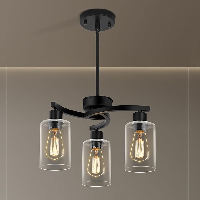 3-Light Modern Farmhouse Chandelier for Dining Room Light Fixtures，16.5" Black Kitchen Island Pendant Lighting, Adjustable Hanging Light for Dining Room with Clear Glass Shades
