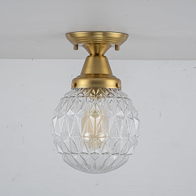 EDISLIVE 7.5" Glass Semi Flush Mount Ceiling Light Vintage Globe Ceiling Lamp with Clear Plaid Glass for Hallyway Foyer Bedroom Dinning Room Gold