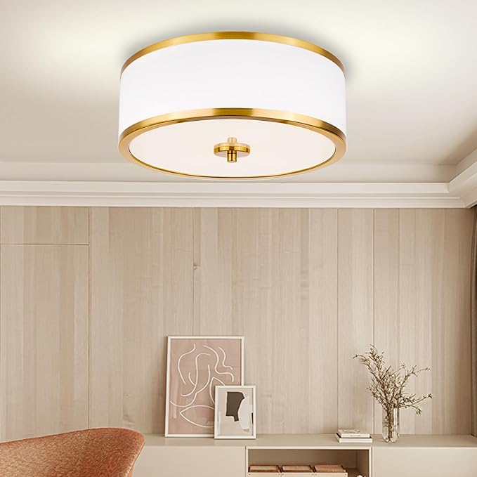 3-Light Flush Mount Ceiling Light Fixture, 12.6" Drum Light with White Fabric Shade, Modern Close to Ceiling Light for Living Room Bedroom Dining Room Kitchen Hallway Entry (Brushed Gold)