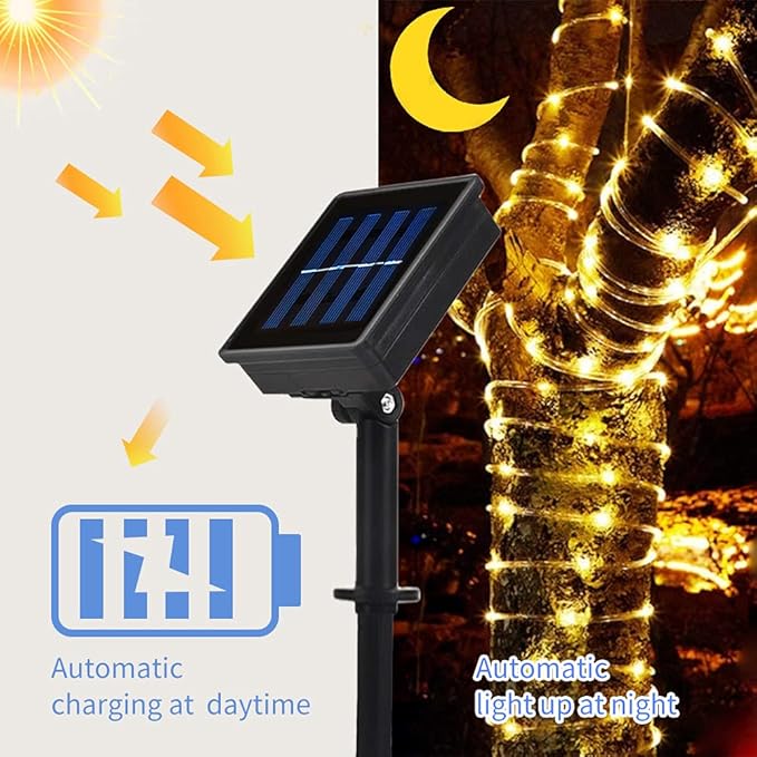 Honche Solar Rope Light 33FT 100LED IP65 Waterproof Outdoor LED Copper Fairy String Tube Lights for Party Gazebo Garden Patio Stair Balcony Fence Tree Daily Christmas Decoration (Solar-Warm White)