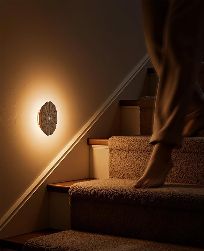 Night Light Wooden Carved Flower Mini USB Rechargeable Motion Sensor Nightlights Magnetic Wall Light for Hallway, Bedroom, Living Room, Stair, Ash Wood