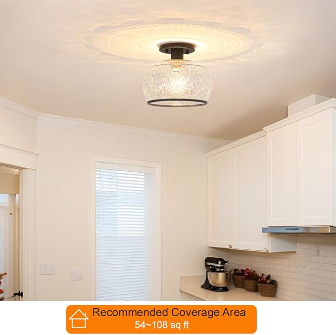 Black Vintage Semi-Flush Mount Ceiling Light with Globe Glass. Ideal for Small Kitchen, Closet, Hallway, Entryway, and Bathroom Lighting