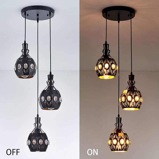 YLONG-ZS 3-Light Industrial Pendant Lighting Vintage Hanging Ceiling Light Fixtures,Farmhouse Rustic Lantern Pendant Light Hanging Lamps for Dining Room,Living Room, Hotel