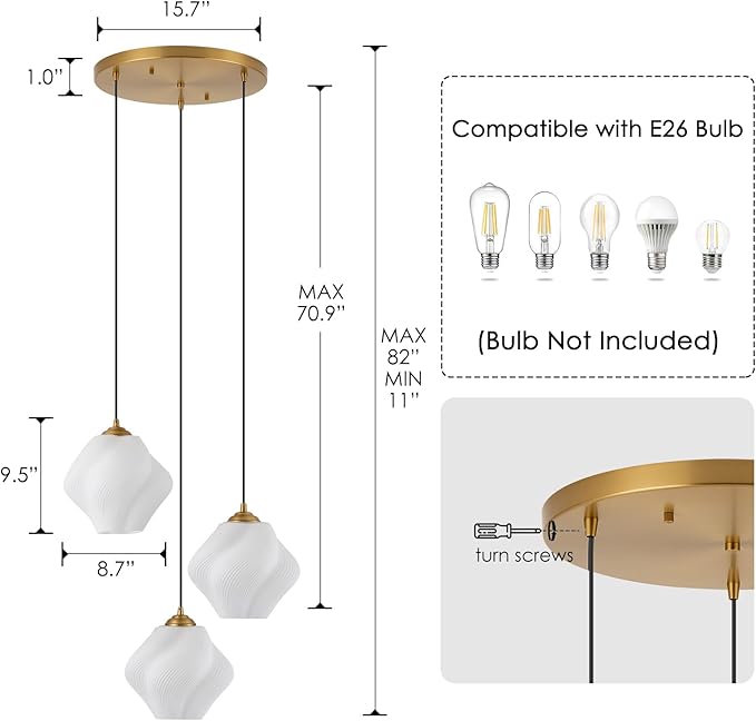 3-Light Cluster Pendant Lights, Mid Century Modern Cluster Chandelier with Milk White Glass, Brass Gold Pendant Lighting for High Ceiling, Kitchen Island, Staircase, Dining Room, Living Room