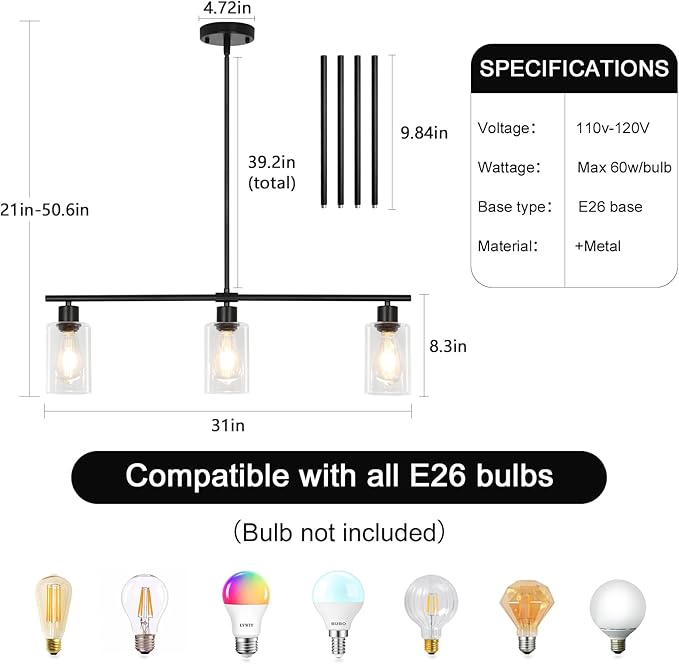 Kitchen Island Lighting, 3-Light Black Island Lights for Dining Room Light Fixture Over Table, Modern Linear Chandelier with Clear Glass Shade, 31" Farmhouse Hanging Pendant Light Fixtures for Kitchen