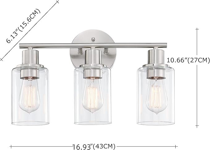 WISBEAM Brushed Nickel Bathroom Vanity Light, 3 Light Bathroom Light Fixtures Over Mirro with Clear Glass Shade Including E26 Medium Base, Bulb NOT Included