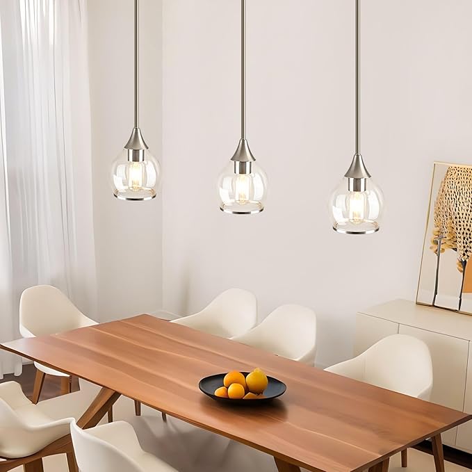 1-Piece Brushed Nickel Island Light for Kitchen, 1-Light Brushed Nickel Hanging Pendant Light with Clear Round Glass Shade for Dining Room,Bedroom