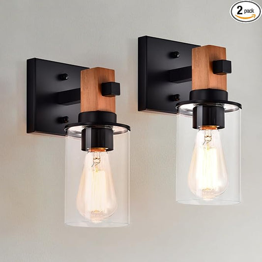 Rustic Wall Sconces Set of 2,Hardwired 1-Light Wood Farmhouse Sconce with Clear Glass Cylinder Shade,Matte Black Metal Wall Light,E26 Indoor Bathroom Vanity Fixture for Mirror,Bedroom,Hallway