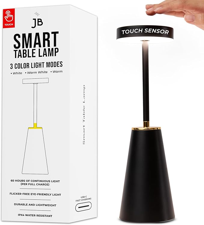 LED Wireless Table Light - USB-C Rechargeable Lamp Cordless - Touch Sensor - Dimmable Portable - 3 Brightness Modes - for Nightstand Restaurant Office Desk Indoor Outdoor - Black