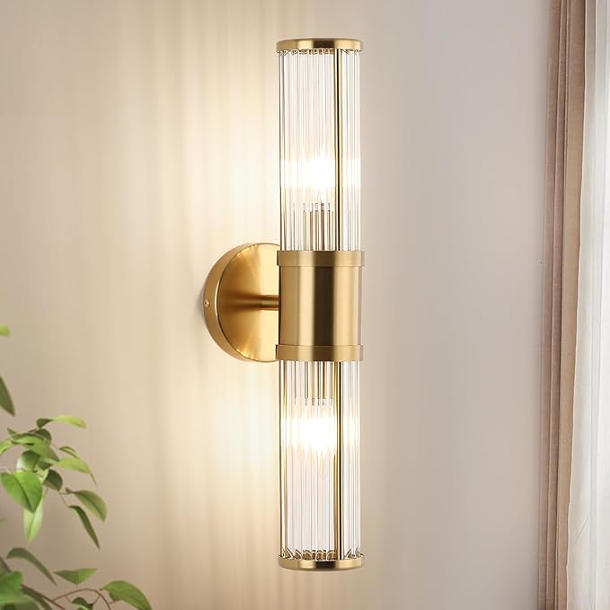 Modern Brushed Brass Vanity Light Fixture - Dual Glass Rods Wall Sconce for Bathroom, Double Light Socket E12 Candelabra Base, Mirror Vanity Lighting (Bulbs Not Included)
