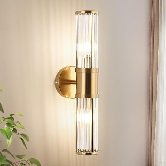 Modern Brushed Brass Vanity Light Fixture - Dual Glass Rods Wall Sconce for Bathroom, Double Light Socket E12 Candelabra Base, Mirror Vanity Lighting (Bulbs Not Included)