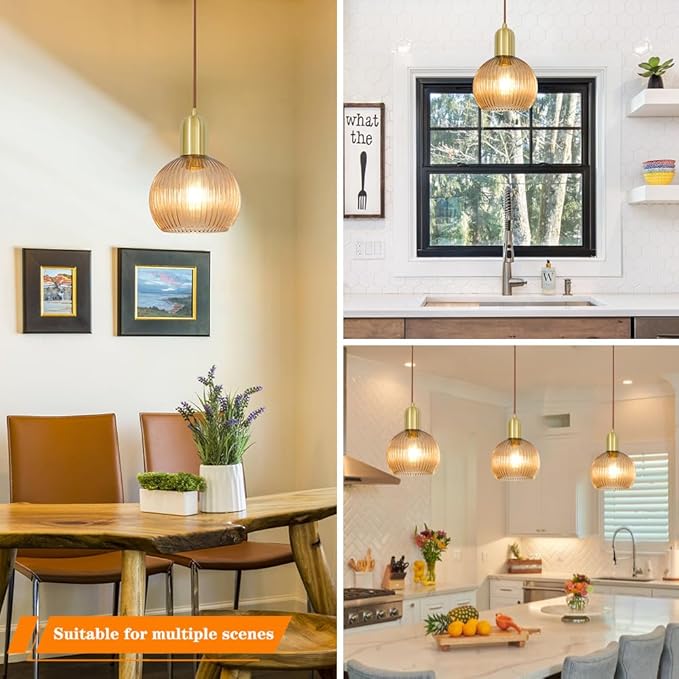 Gold Pendant Light, Modern Pendant Light Fixture with Amber Striped Glass Lmapshade, Brass Kitchen Island Light, Brushed Pendant Lights Kitchen Island Adjustable Hanging Light for Bathroom Dining Room