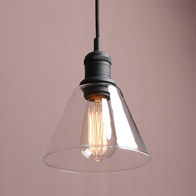 Yosoan 1-Light Vintage Edison Hanging Pendant Light, Mini Semi Flush Mount Light Fixture Funnel Flared Clear Glass Shade for Kitchen Bathroom Porch Living Room Dinning Room Hotels Bar Island(Black)