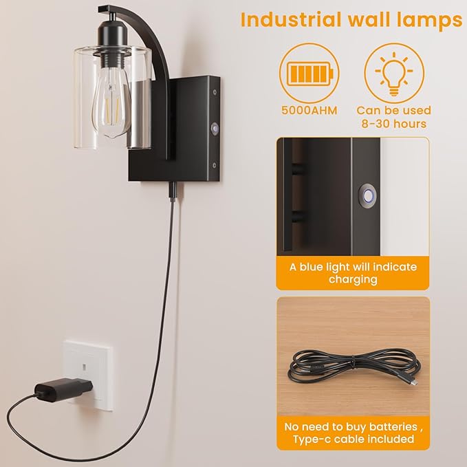 LGMCF Battery Operated Bathroom Sconces Set of 2 Non-Hardwired Modern Magnetic Rechargeable Wall Sconces Matte Black Wall Lighting Fixtures with Clear Glass Shade for Bathroom Bedroom and Living Room